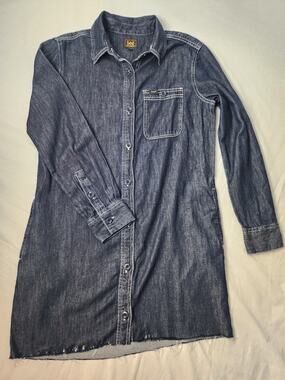Womens XS Denim Dress Blue Long Sleeve Collared Dark Wash Summer Mom
